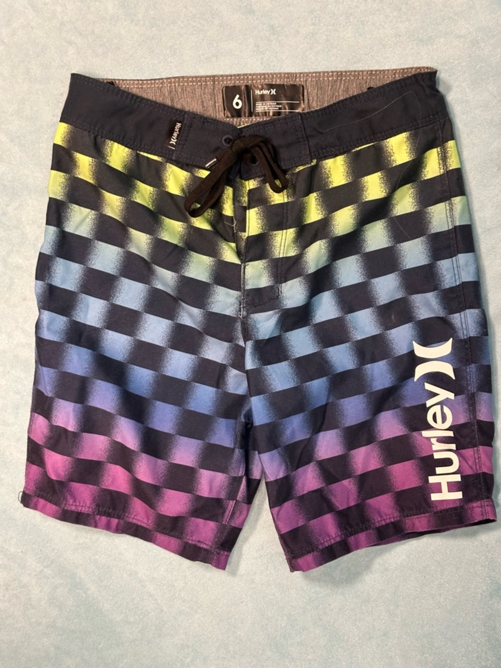 Hurley Boys Black Swim Trunks with Yellow Blue Purple Pink Gradient Stripes